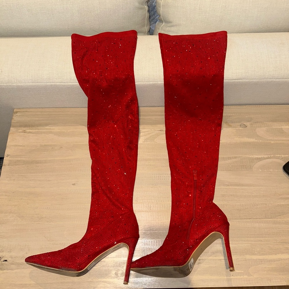 Red thigh high boots
